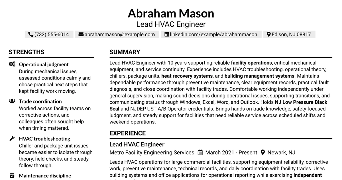 33 Lead HVAC Engineer - Facility Operations Resume Templates with Example