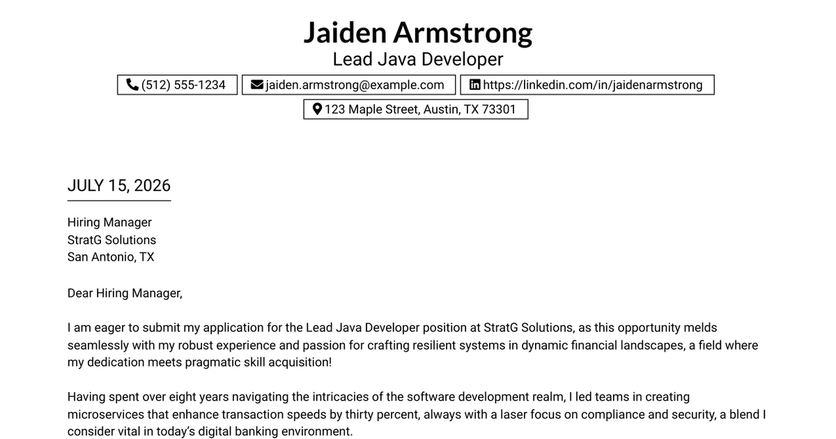 30+ Lead Java Developer Cover Letter Templates with Example 2026