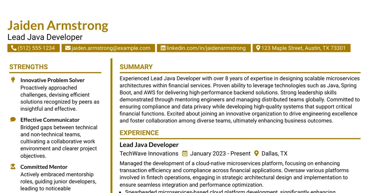 33 Lead Java Developer Resume Templates with Example 2026 (ATS-Optimized)