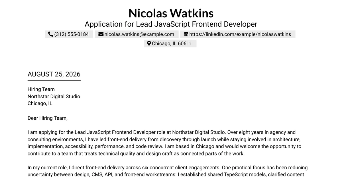 30+ Lead JavaScript Frontend Developer Cover Letter Templates with Example 2026