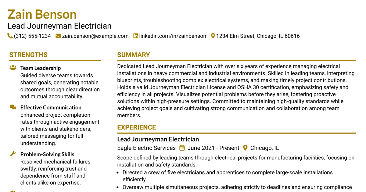 33 Lead Journeyman Electrician Resume Templates with Example 2026 (ATS-Optimized)