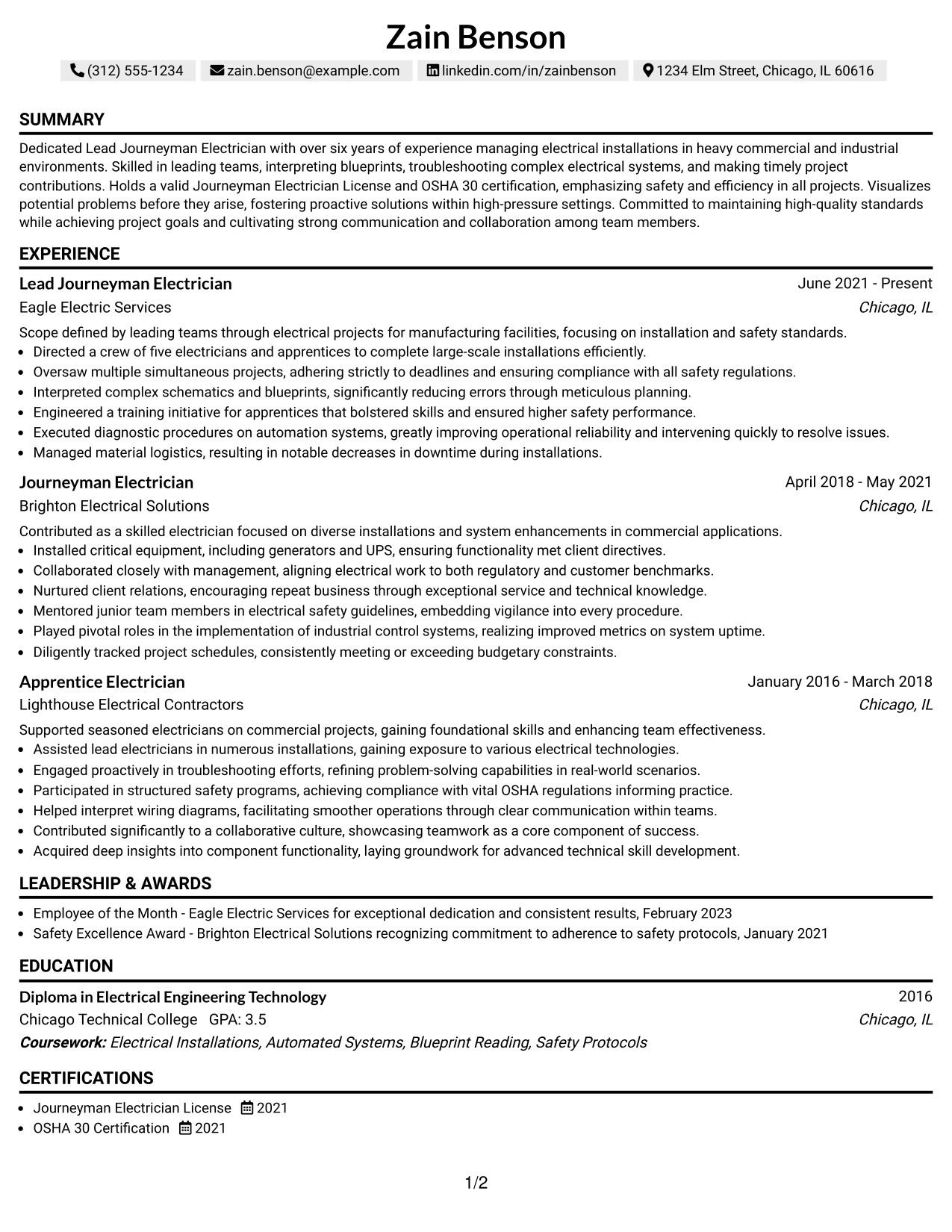 Resume Example Page 1