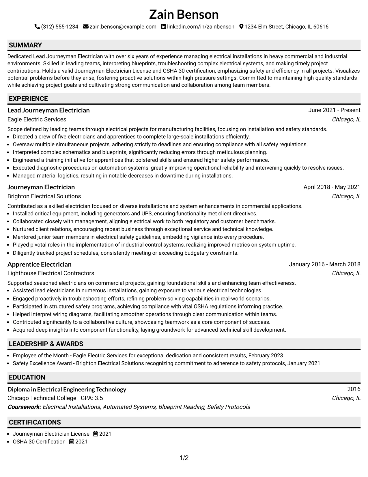 Resume Example Page 1