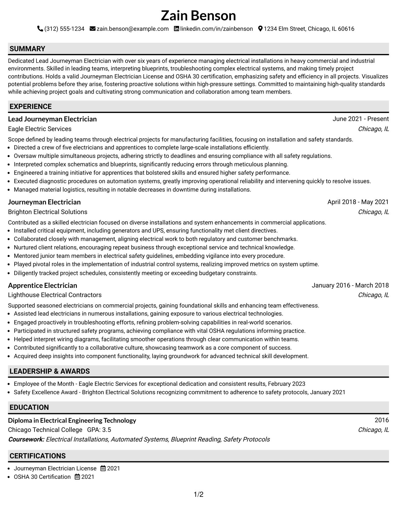 Resume Example Page 1