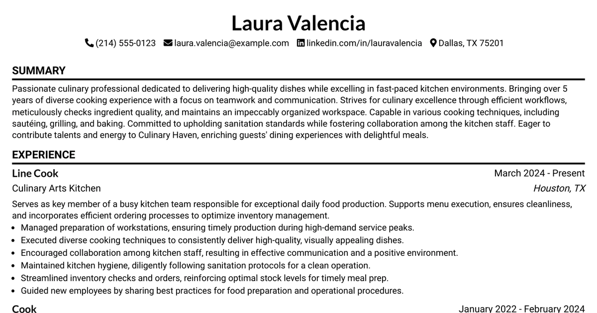 33 Lead Line Cook Resume Templates with Example 2026 (ATS-Optimized)