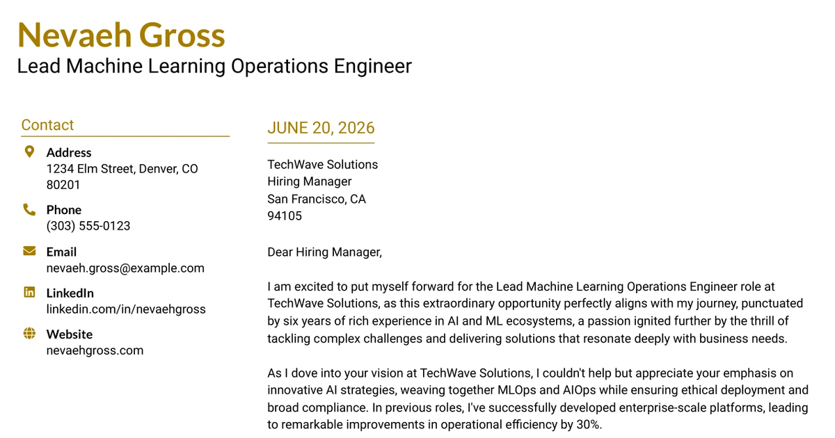 30+ Lead Machine Learning Operations Engineer Cover Letter Templates with Example 2026