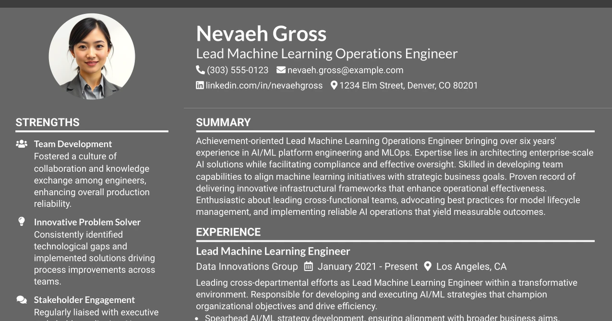 33 Lead Machine Learning Operations Engineer Resume Templates with Example 2026 (ATS-Optimized)