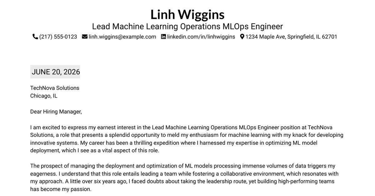 30+ Lead Machine Learning Operations MLOps Engineer Cover Letter Templates with Example 2026