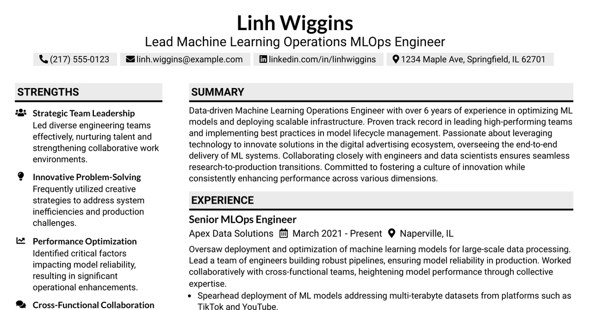 33 Lead Machine Learning Operations MLOps Engineer Resume Templates with Example 2026 (ATS-Optimized)