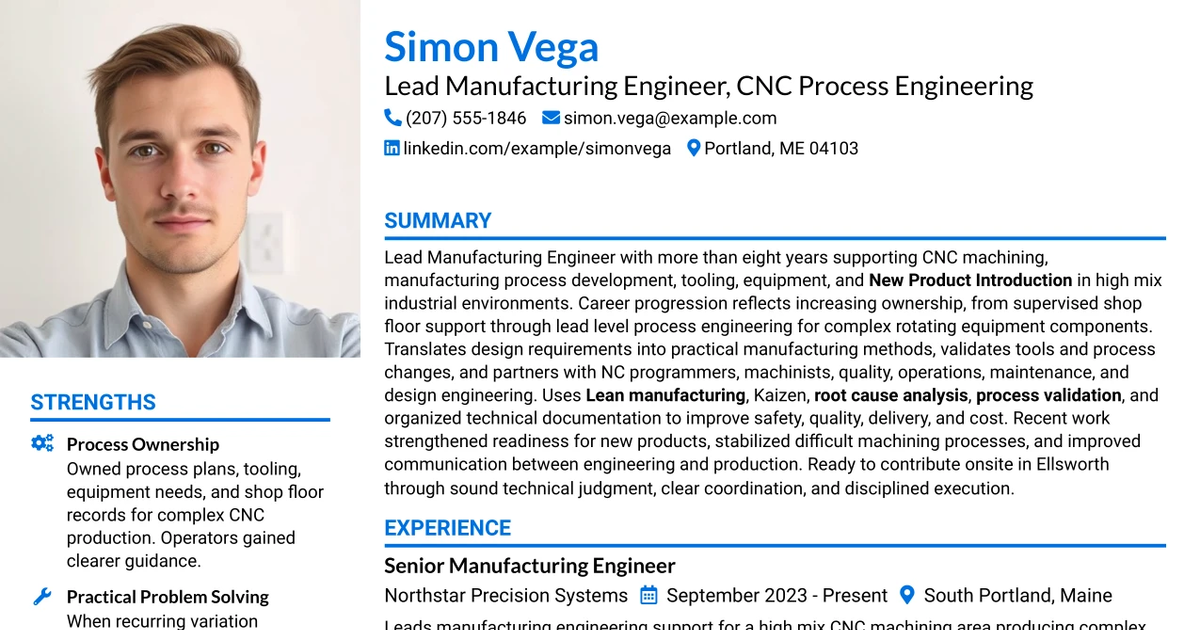 33 Lead Manufacturing Engineer - CNC Process Engineering Resume Templates with Example