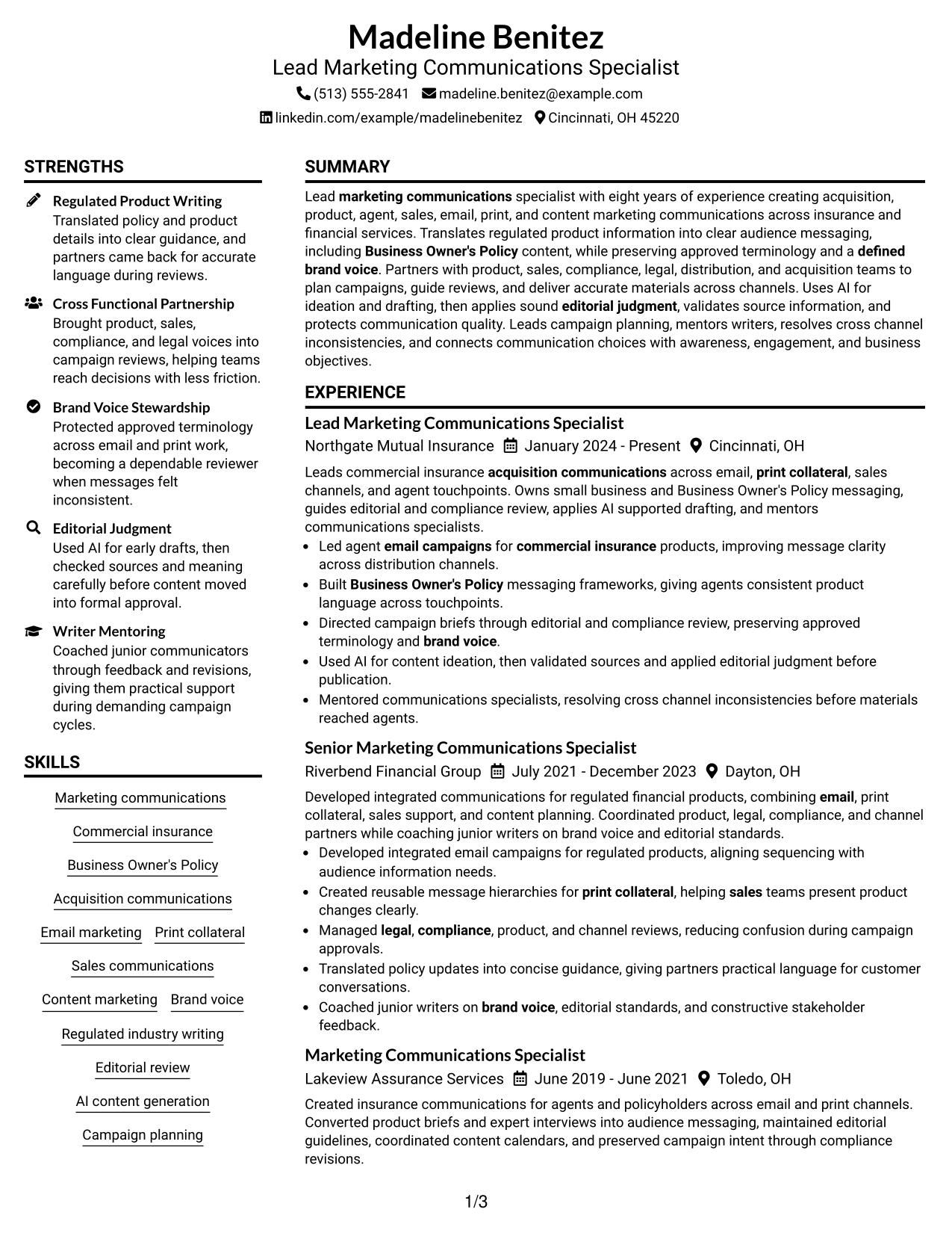 Resume Example Page 1