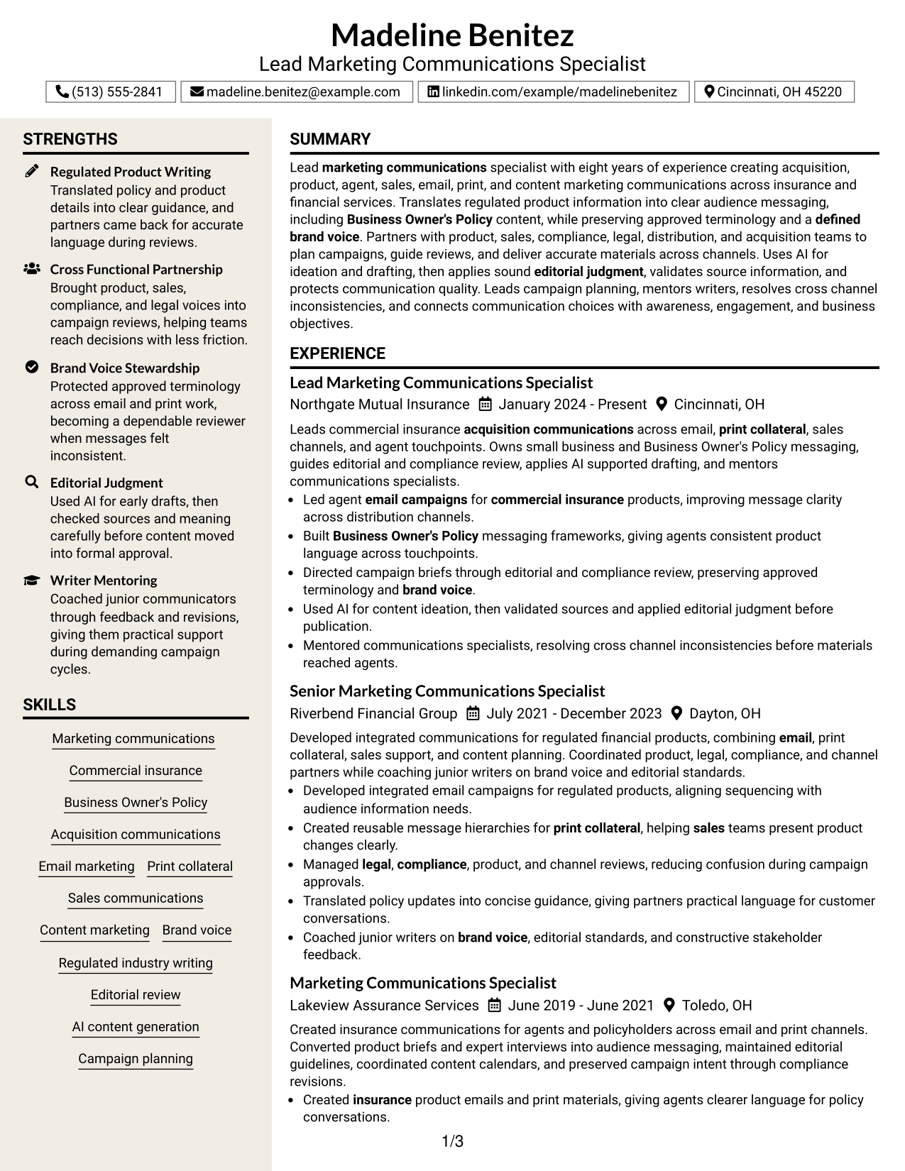 Resume Example Page 1