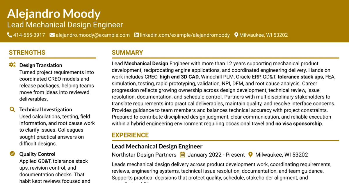 33 Lead Mechanical Design Engineer Resume Templates with Example 2026 (ATS-Optimized)