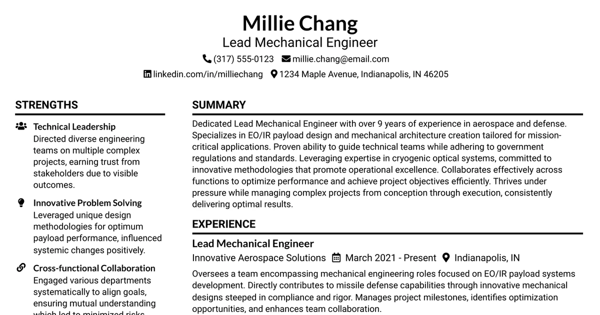 33 Lead, Mechanical Engineer Resume Templates with Example 2026 (ATS-Optimized)