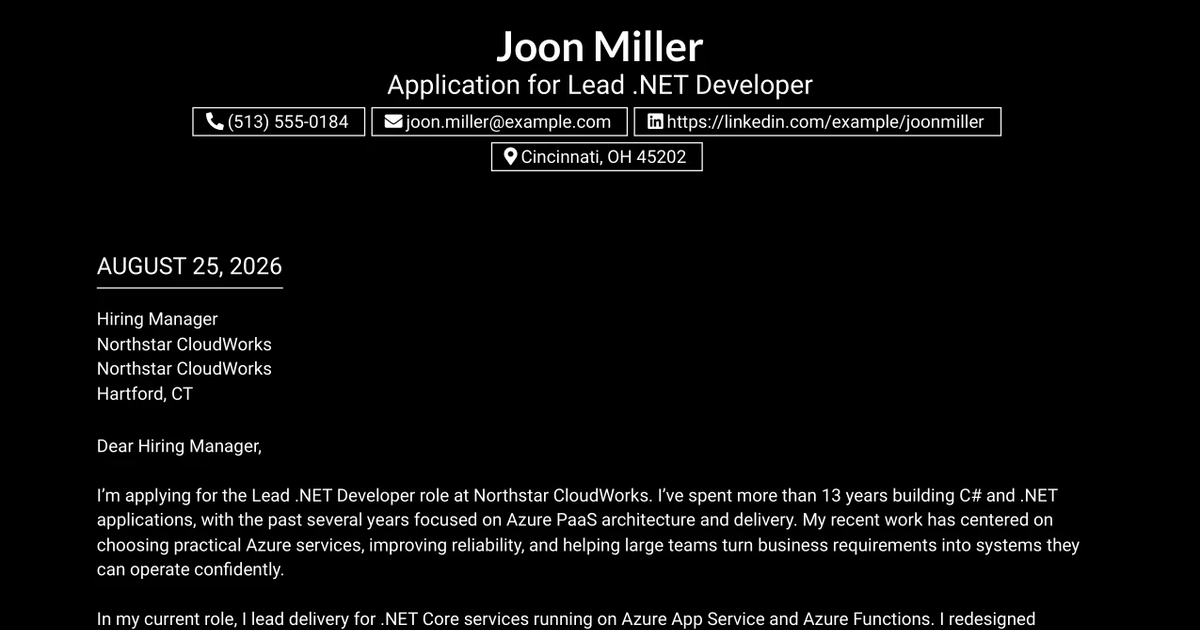 30+ Lead .NET Developer Cover Letter Templates with Example 2026