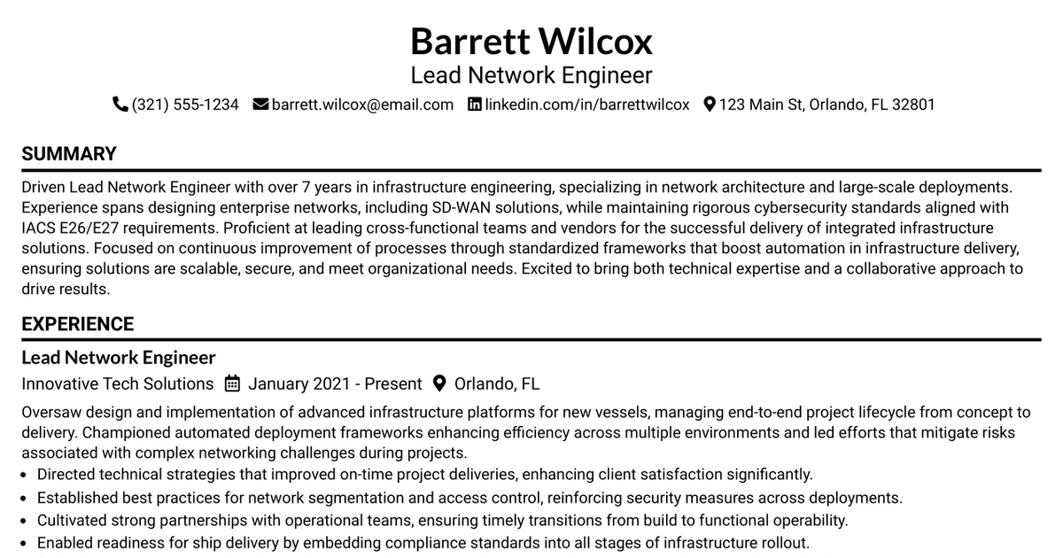 33 Lead Network Engineer Resume Templates with Example 2026 (ATS-Optimized)