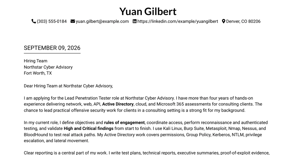 30+ Lead Penetration Tester Cover Letter Templates with Example 2026