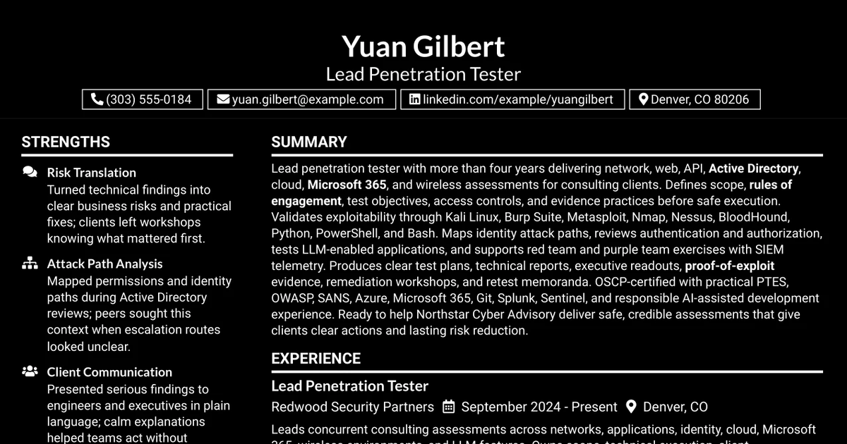 33 Lead Penetration Tester Resume Templates with Example 2026 (ATS-Optimized)