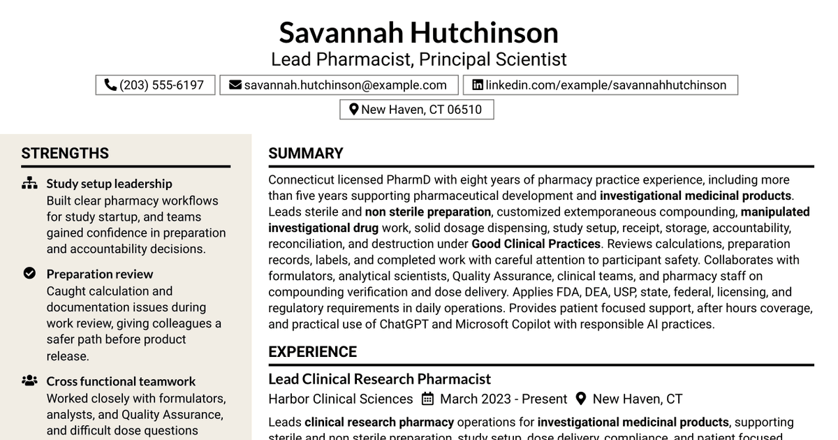 7 Lead Pharmacist (Principal Scientist) Resume Templates with Example