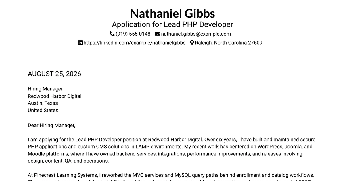 30+ Lead PHP Developer Cover Letter Templates with Example 2026