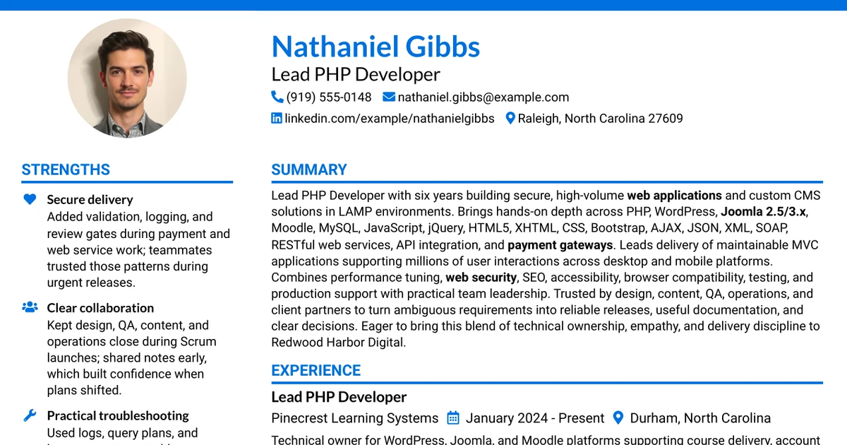 33 Lead PHP Developer Resume Templates with Example 2026 (ATS-Optimized)