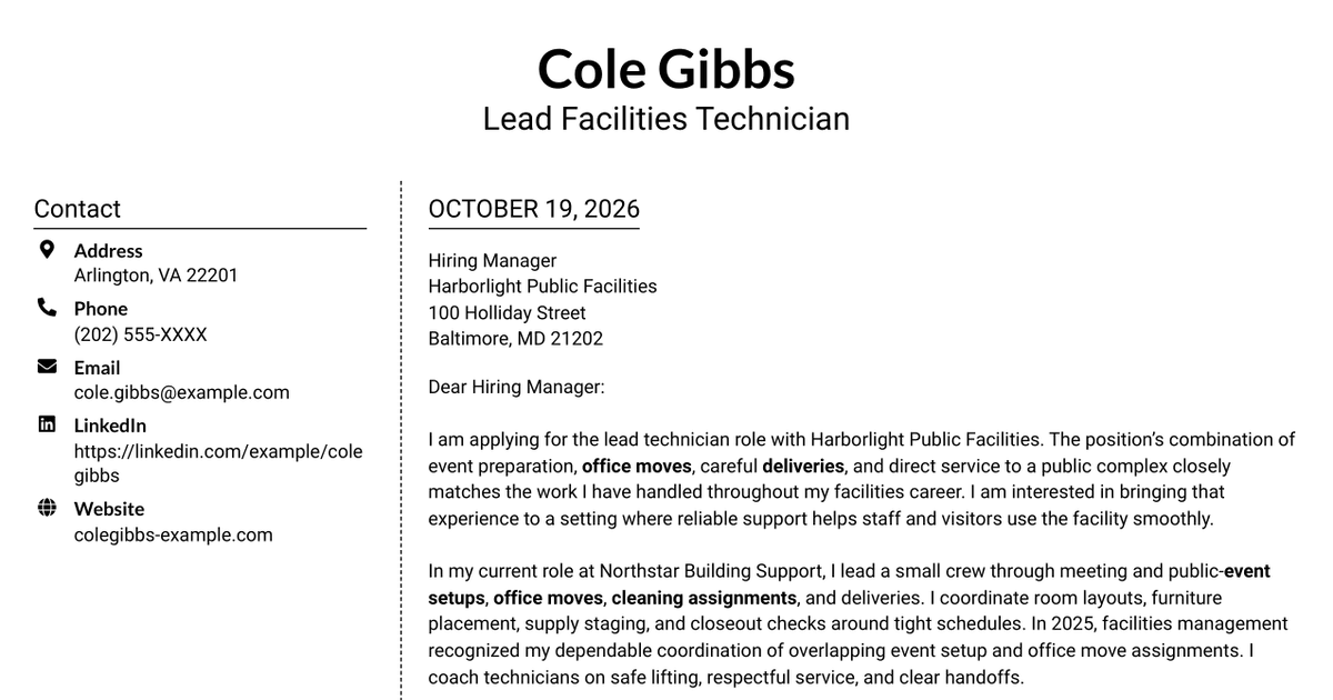 7 Lead Physical Labor Technician - Event Setup and Facilities Support Cover Letter Templates with Example