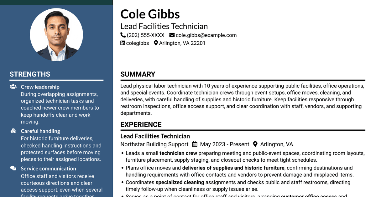 7 Lead Physical Labor Technician - Event Setup and Facilities Support Resume Templates with Example