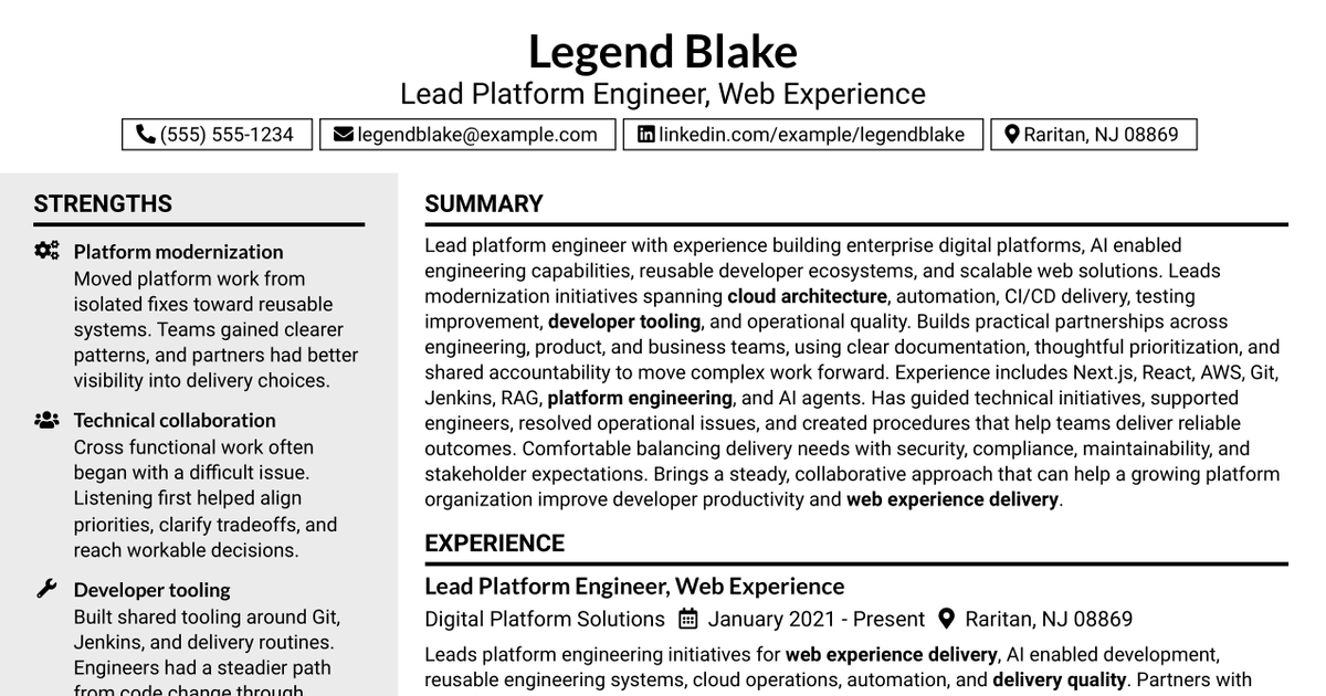 7 Lead Platform Engineer - Web Experience Resume Templates with Example