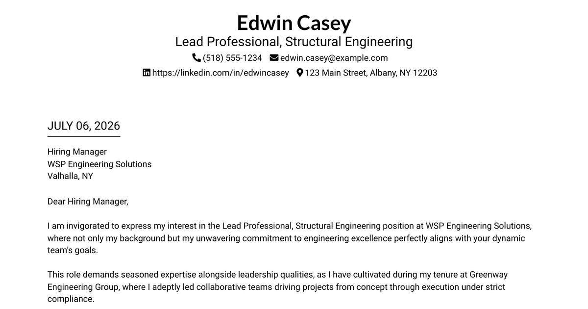 30+ Lead Professional, Structural Engineering Cover Letter Templates with Example 2026