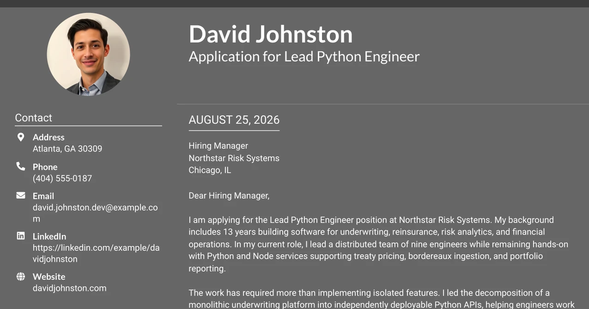 30+ Lead Python Engineer Cover Letter Templates with Example 2026