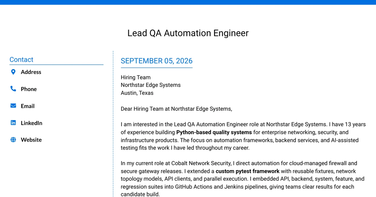 30+ Lead QA Automation Engineer (Python, Networking & AI-Assisted Testing) Cover Letter Templates with Example 2026