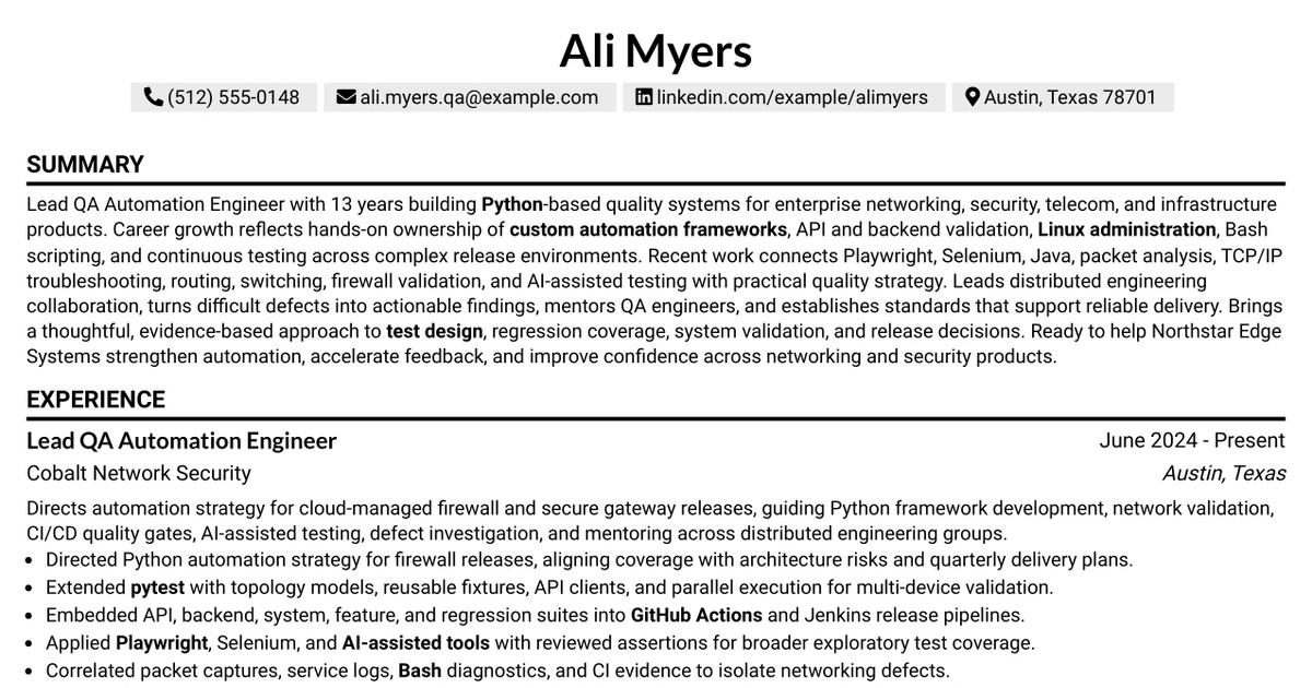 33 Lead QA Automation Engineer (Python, Networking & AI-Assisted Testing) Resume Templates with Example