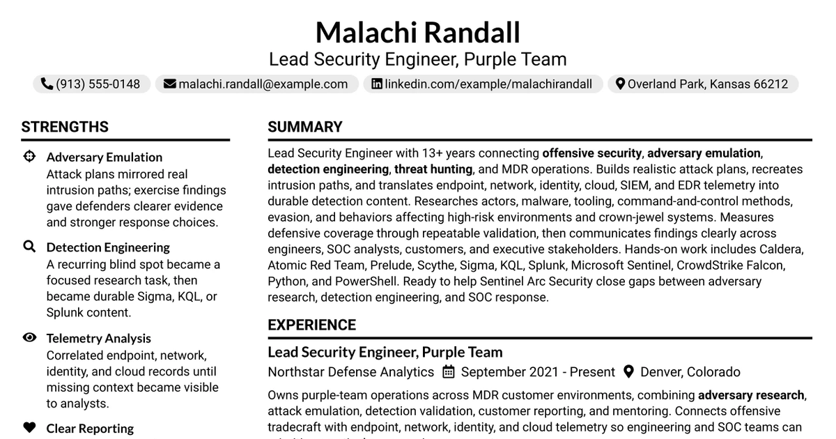 33 Lead Security Engineer, Purple Team Resume Templates with Example 2026 (ATS-Optimized)