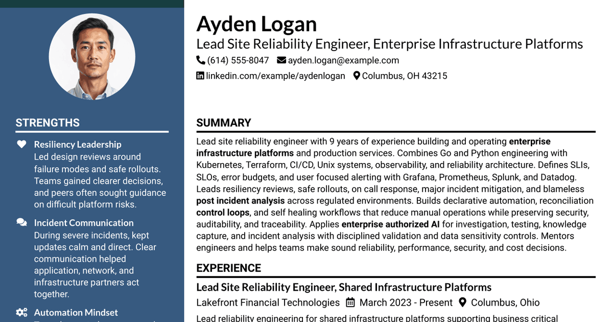 7 Lead Site Reliability Engineer - Enterprise Infrastructure Platforms Resume Templates with Example