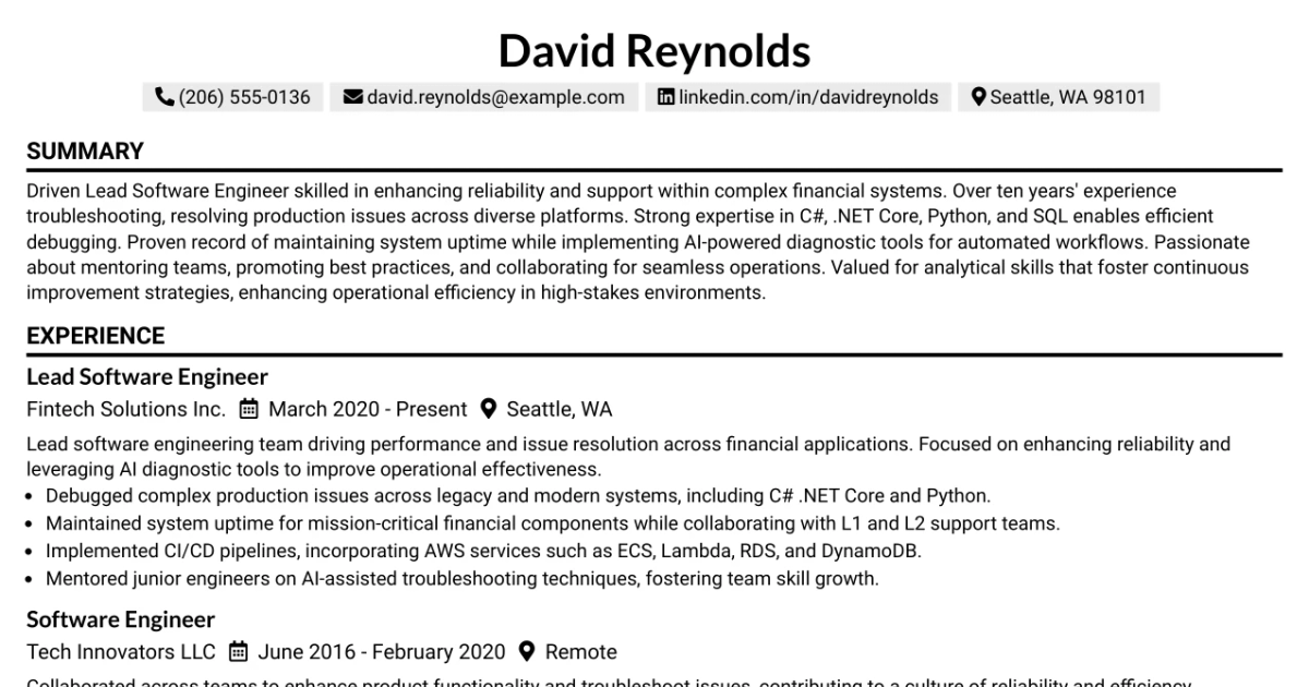 33 Lead Software Engineer AI Driven Reliability and Support Resume Templates with Example 2026 (ATS-Optimized)