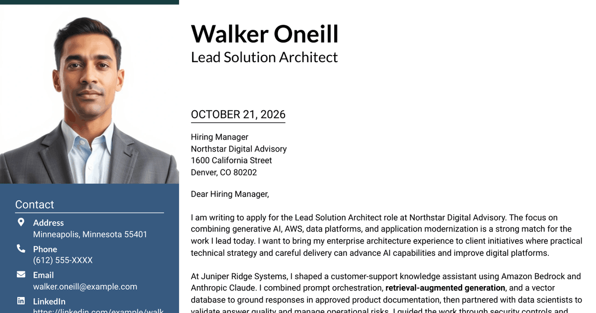 7 Lead Solution Architect - Generative AI and AWS Cover Letter Templates with Example