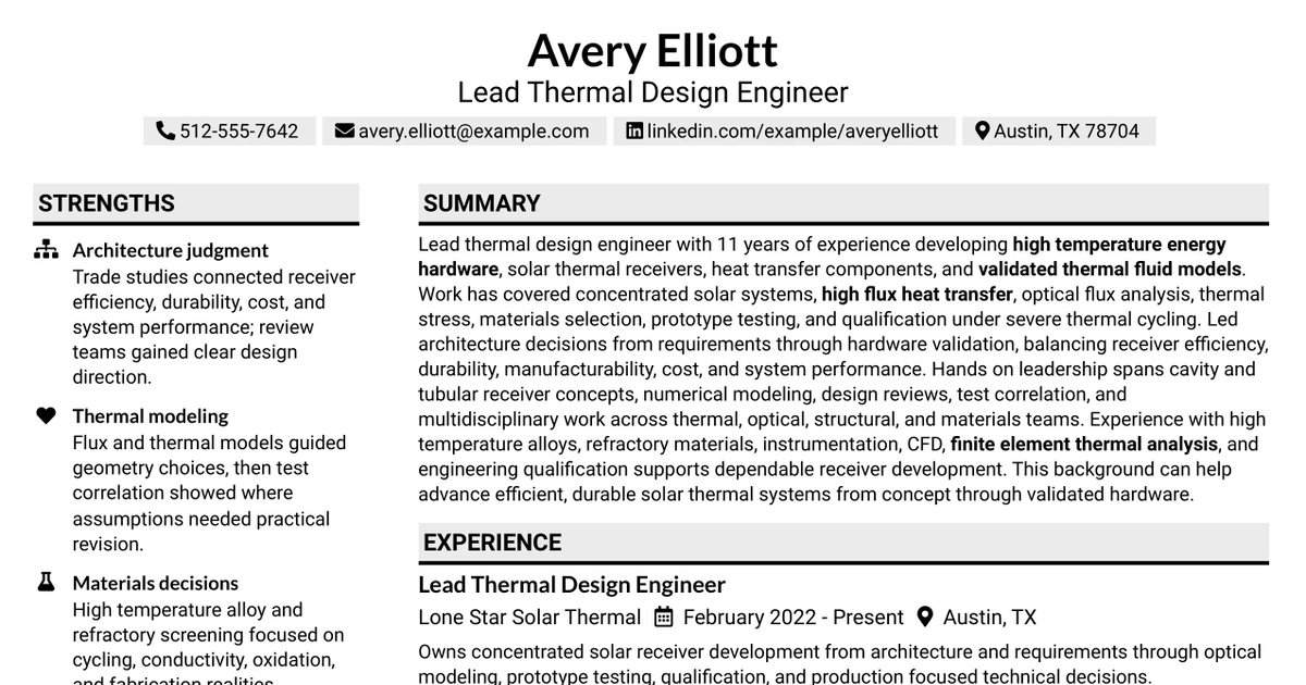 33 Lead Thermal Design Engineer Resume Templates with Example 2026 (ATS-Optimized)