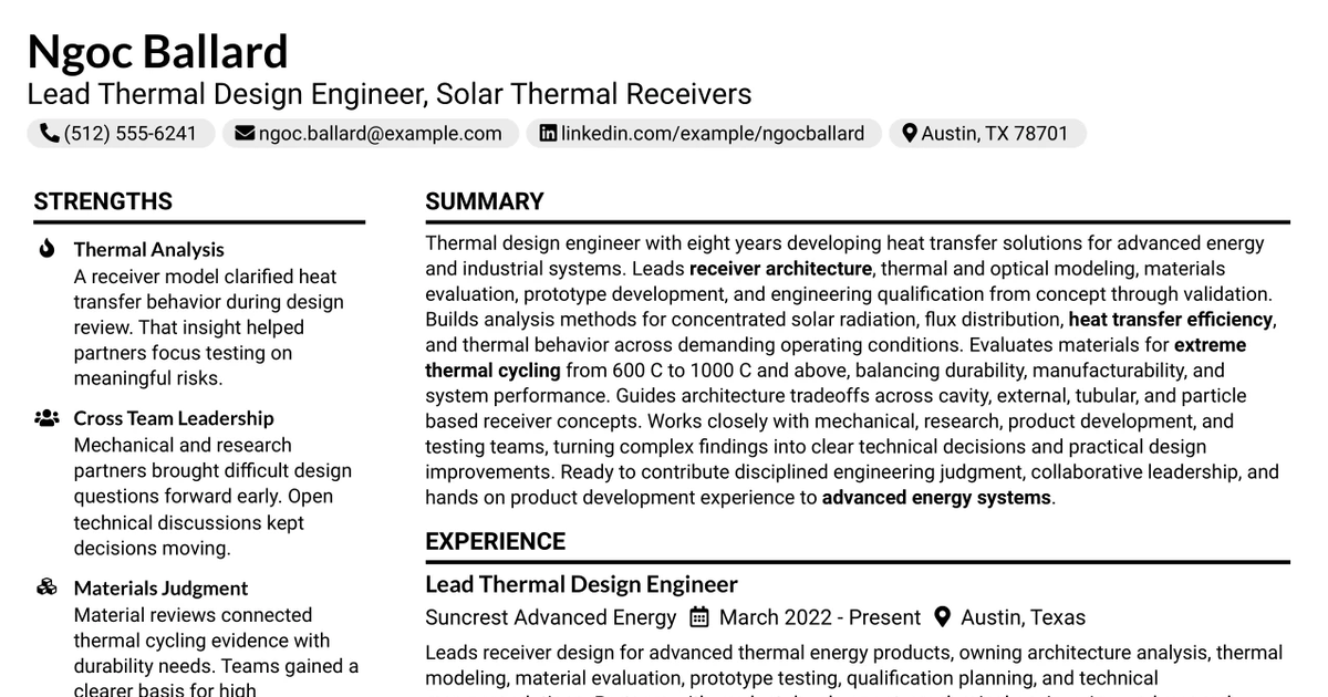 33 Lead Thermal Design Engineer - Solar Thermal Receivers Resume Templates with Example 2026 (ATS-Optimized)
