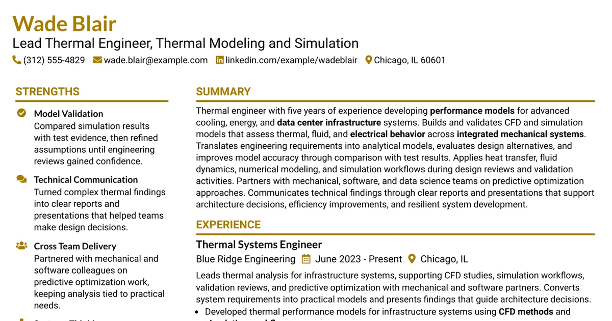 33 Lead Thermal Engineer - Thermal Modeling And Simulation Resume Templates with Example 2026 (ATS-Optimized)