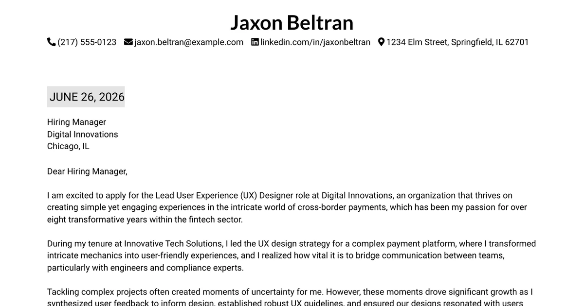 30+ Lead User Experience (UX) Designer Cover Letter Templates with Example 2026