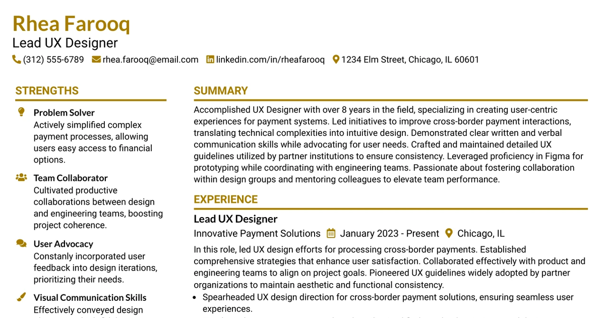 33 Lead UX Designer Resume Templates with Example 2026 (ATS-Optimized)