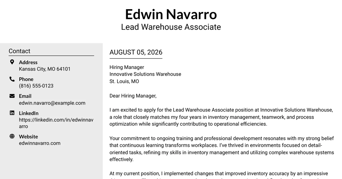 30+ Lead Warehouse Associate Cover Letter Templates with Example 2026