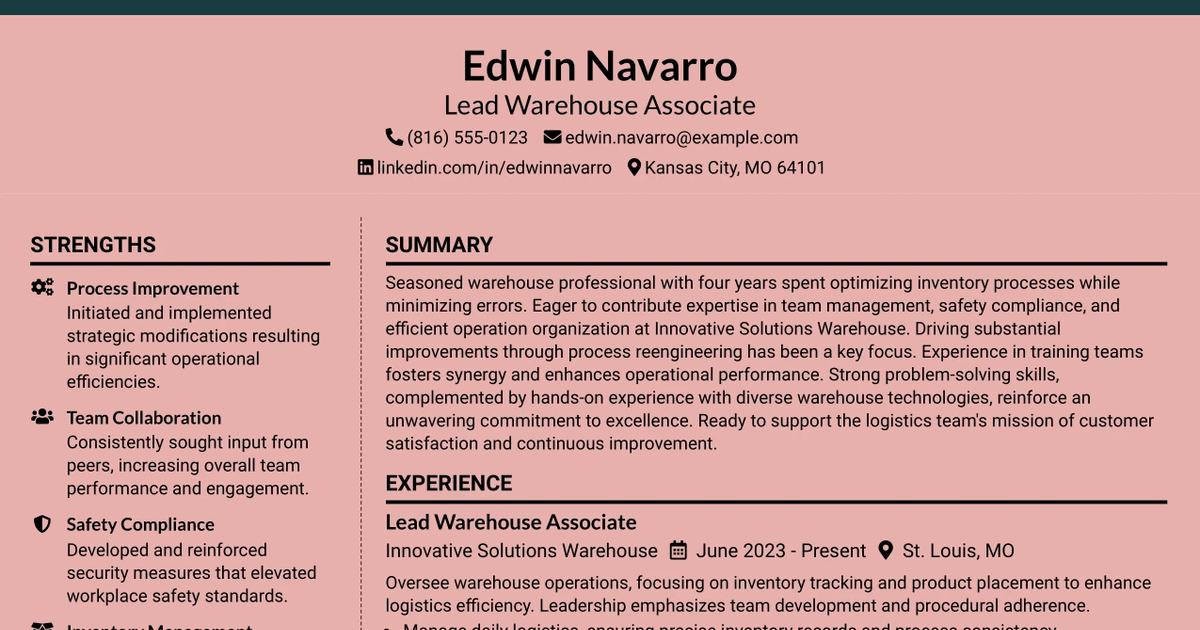33 Lead Warehouse Associate Resume Templates with Example 2026 (ATS-Optimized)