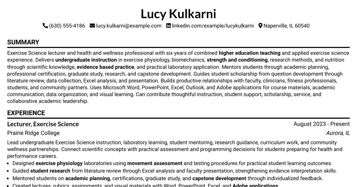 7 Lecturer - Exercise Science Resume Templates with Example