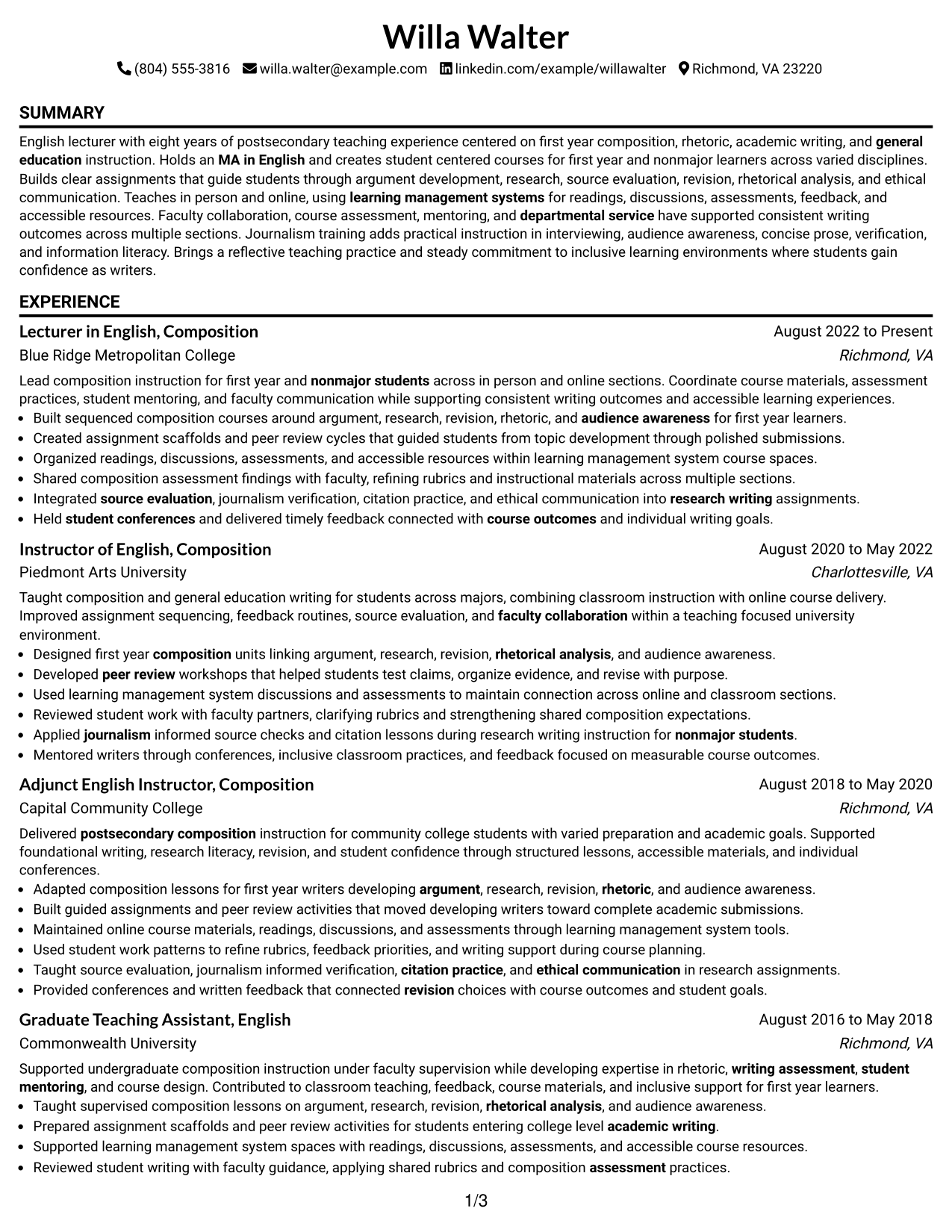 Resume Example Page 1