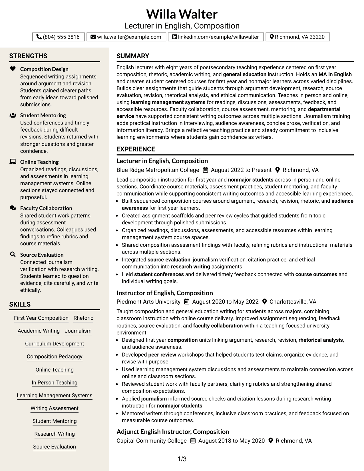 Resume Example Page 1