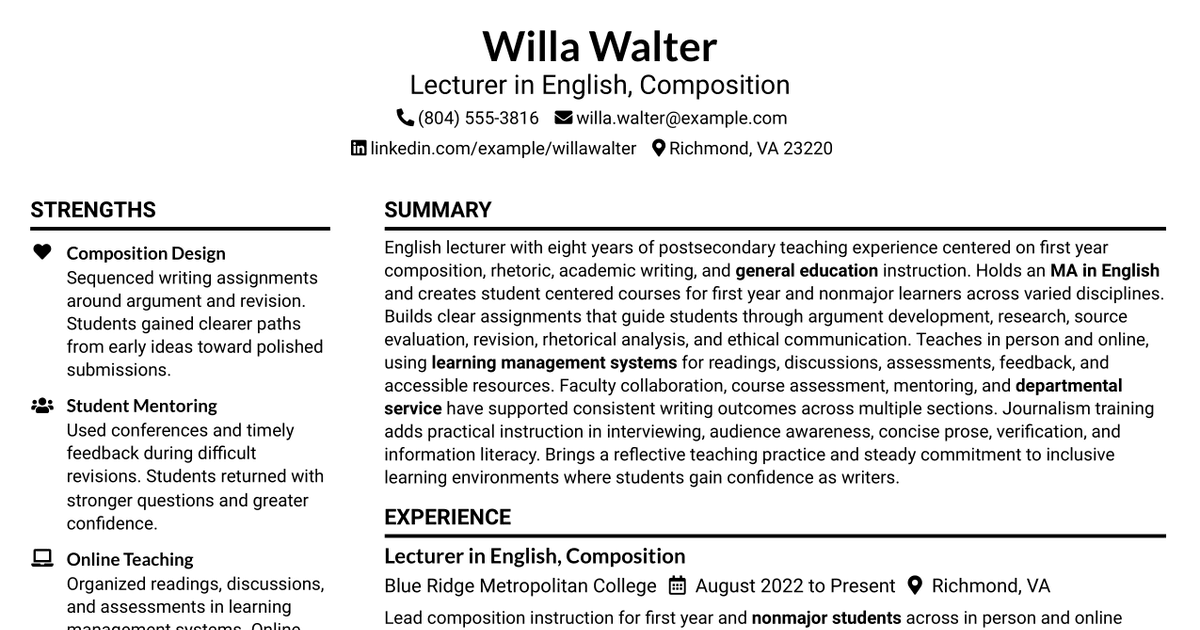 7 Lecturer in English Resume Templates with Example