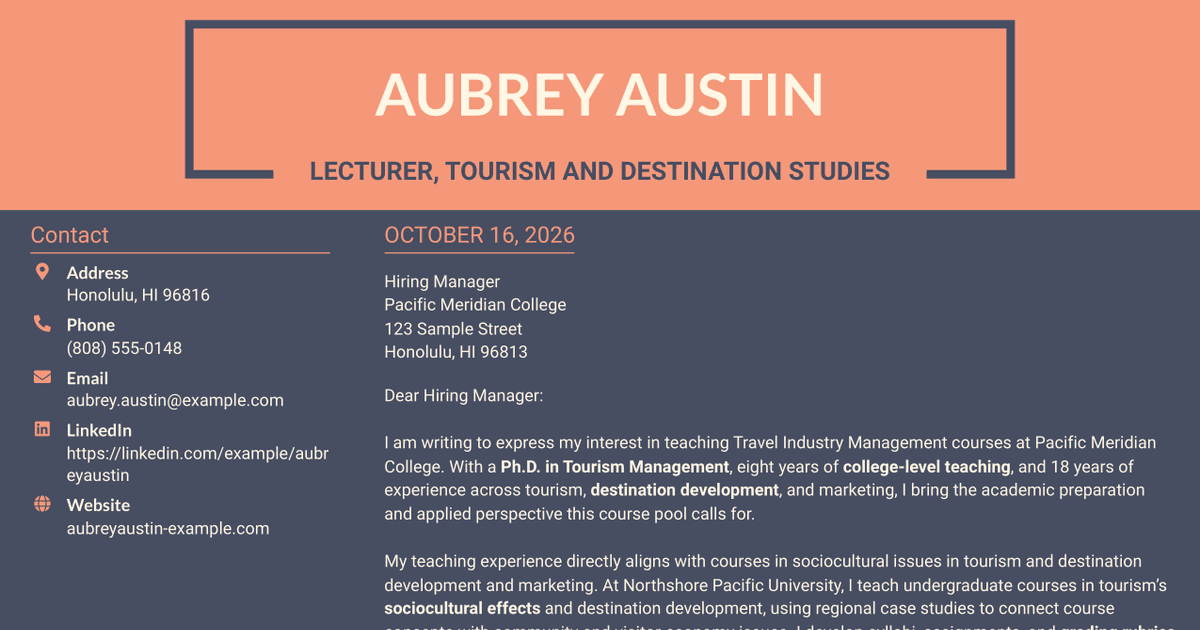 7 Lecturer in Travel Industry Management Cover Letter Templates with Example