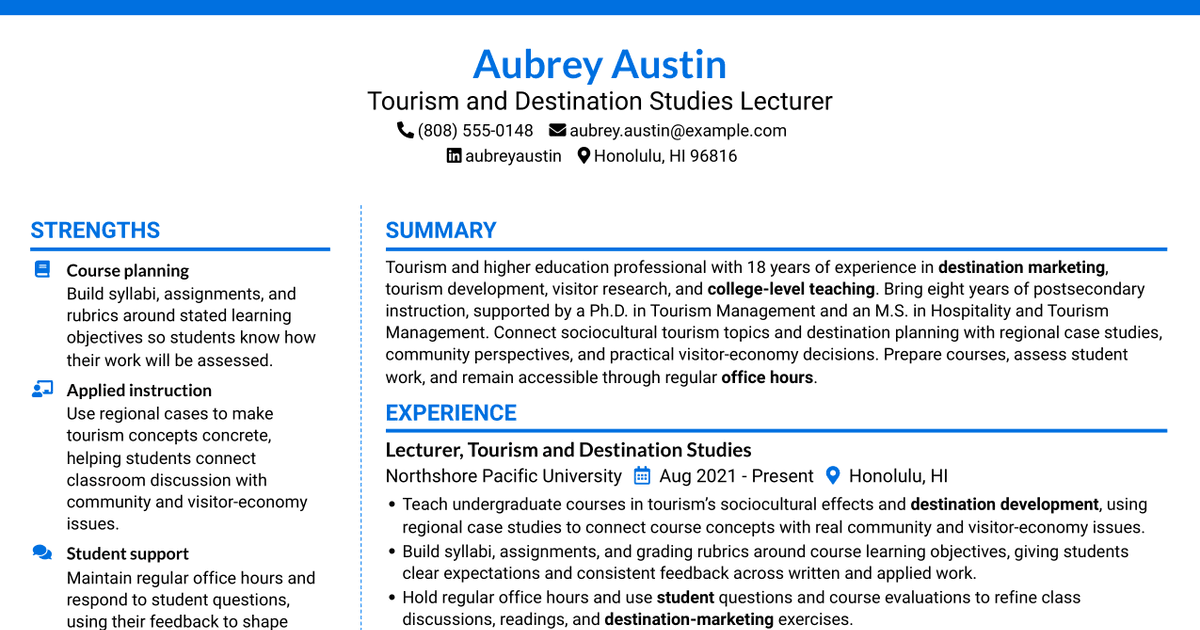 7 Lecturer in Travel Industry Management Resume Templates with Example