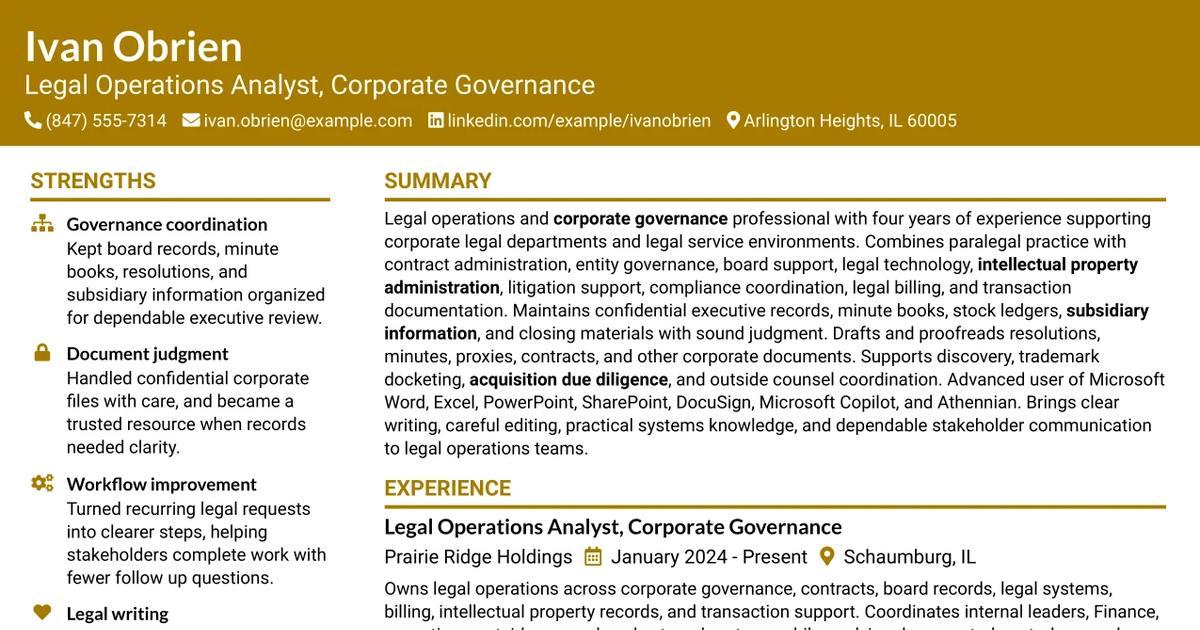 33 Legal Operations Analyst - Corporate Governance Resume Templates with Example 2026 (ATS-Optimized)